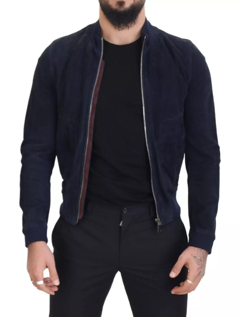 Blouson en cuir d'agneau suédé bleu foncé de Dolce & Gabbana