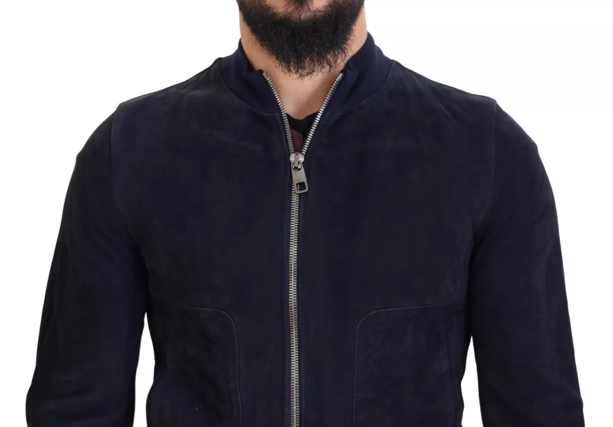 Blouson en cuir d'agneau suédé bleu foncé de Dolce & Gabbana
