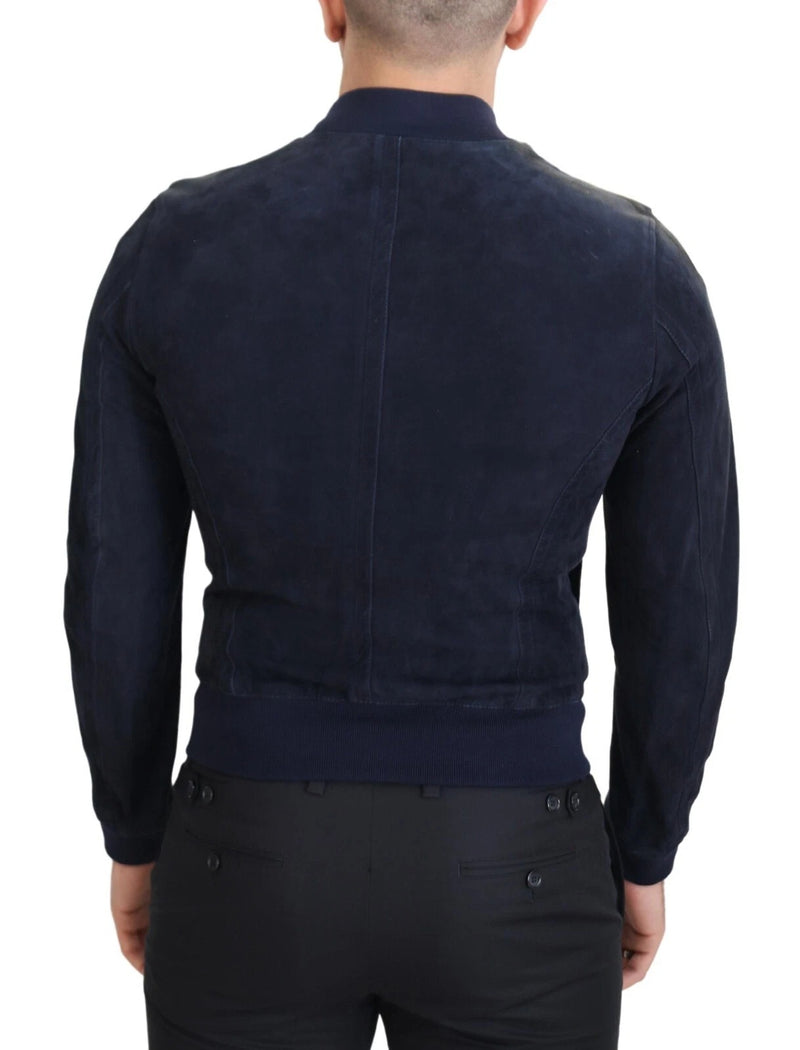 Blouson en cuir d'agneau suédé bleu foncé de Dolce & Gabbana