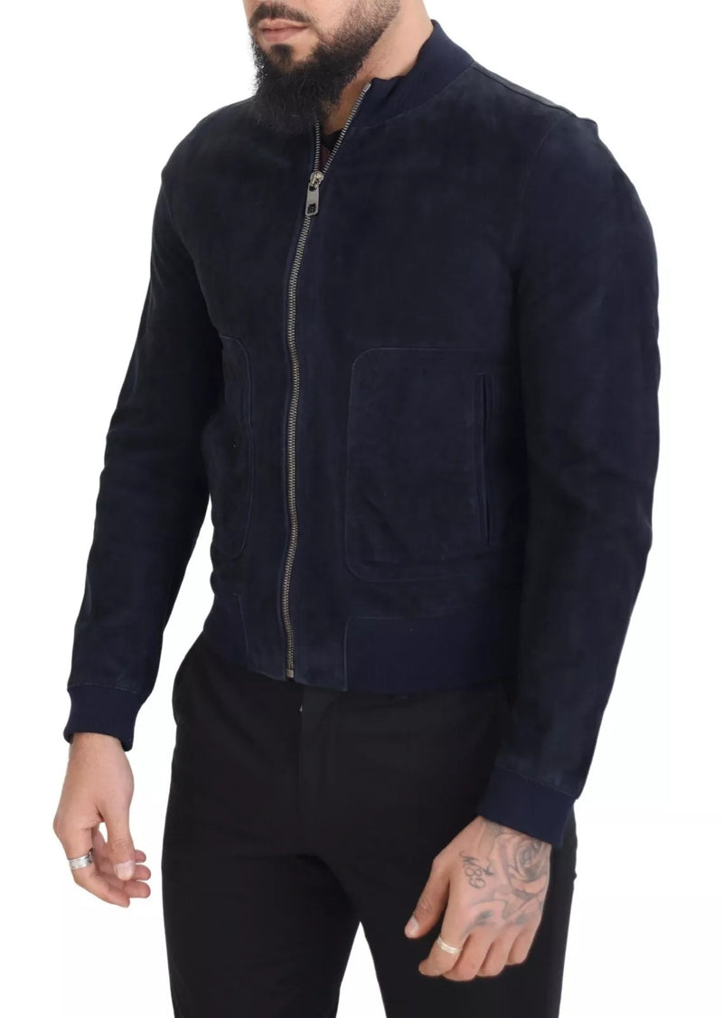 Blouson en cuir d'agneau suédé bleu foncé de Dolce & Gabbana