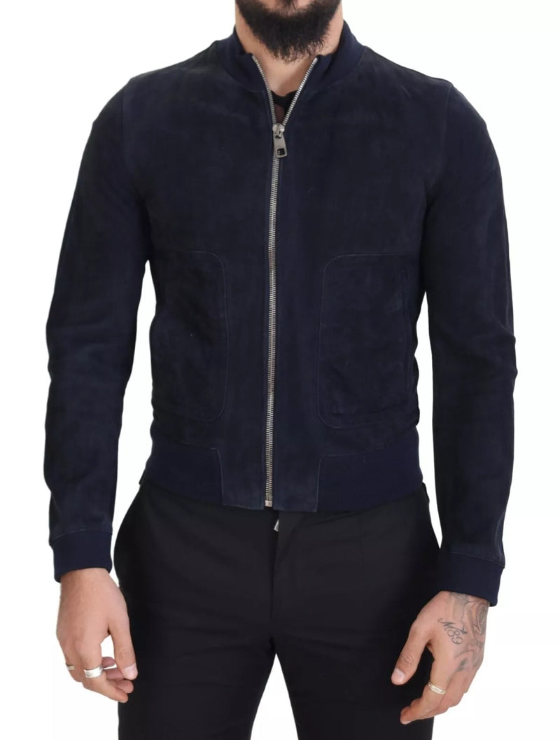 Blouson en cuir d'agneau suédé bleu foncé de Dolce & Gabbana