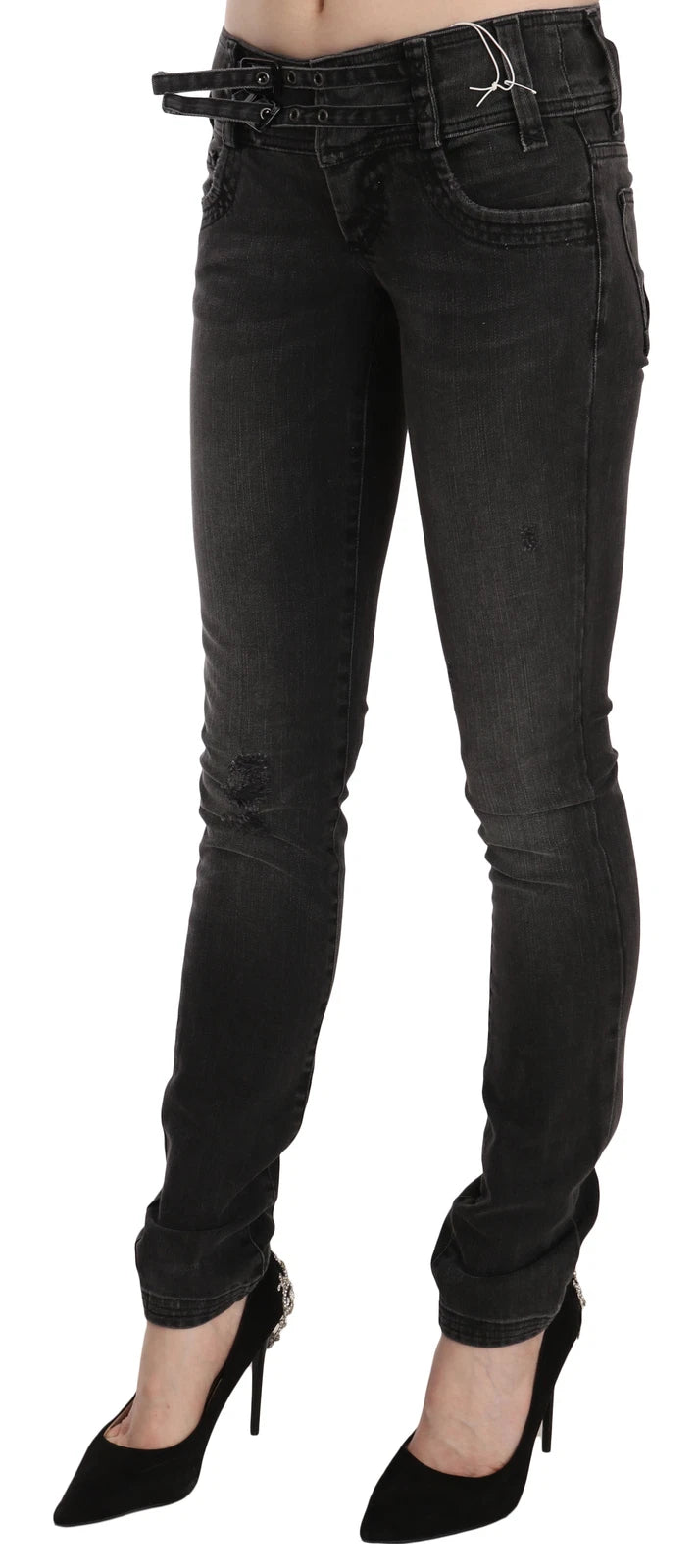 Jean skinny noir délavé, taille basse et coupe ajustée de John Galliano.