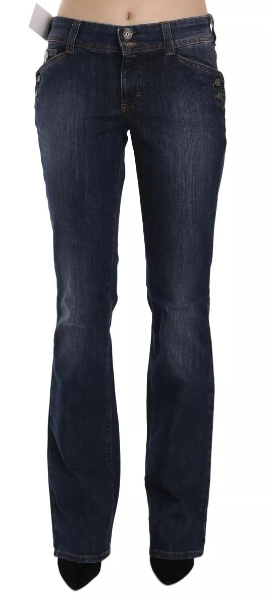 John Galliano blauwe, gewassen, flared jeansbroek met middelhoge taille.