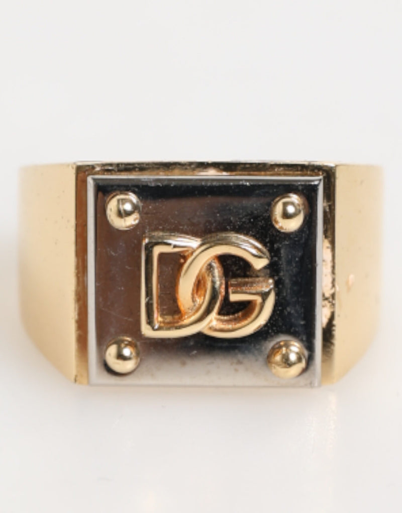 Bague Signet Homme Dolce & Gabbana Plaque Logo DG en Laiton Doré