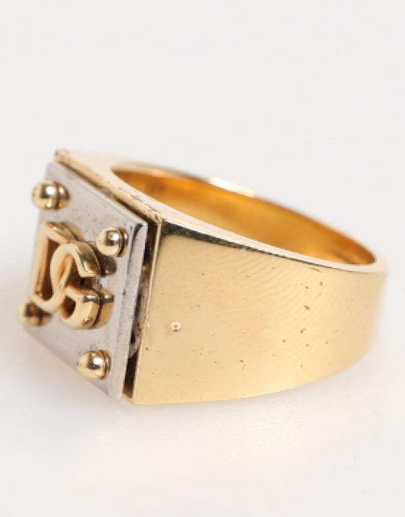 Bague Signet Homme Dolce & Gabbana Plaque Logo DG en Laiton Doré