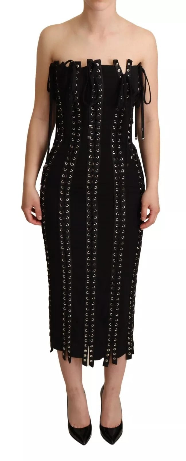 Dolce & Gabbana Black Silk Blend Cady Sleeveless Lace-Up Dress
