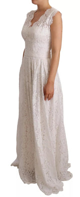 Dolce & Gabbana Robe Maxi Longue en Dentelle Fleurie Blanche