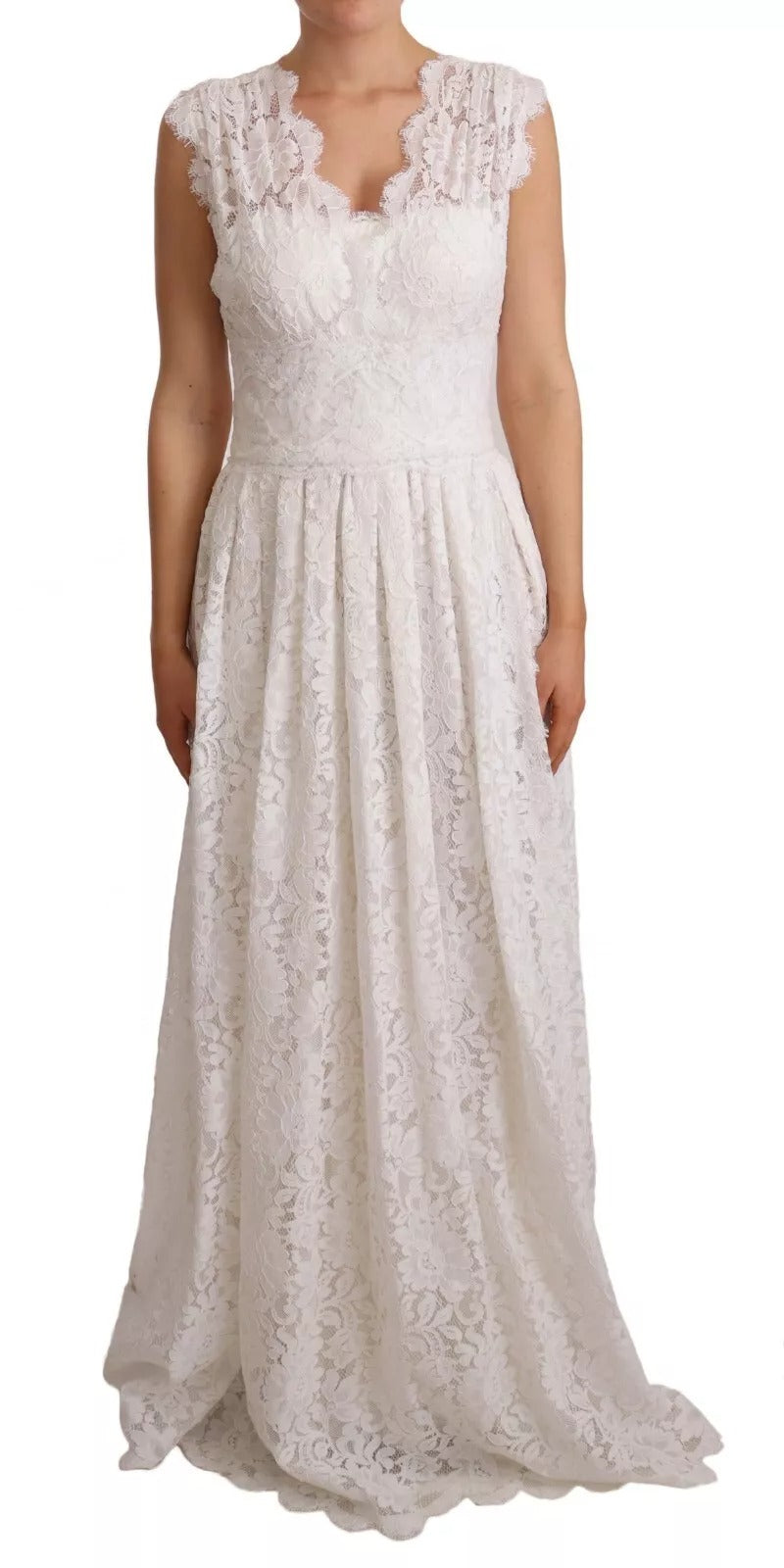 Dolce & Gabbana Robe Maxi Longue en Dentelle Fleurie Blanche