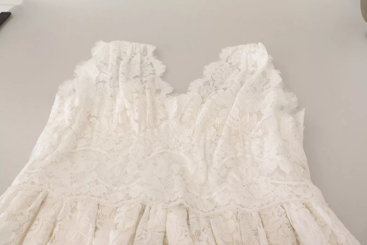 Dolce & Gabbana Robe Maxi Longue en Dentelle Fleurie Blanche