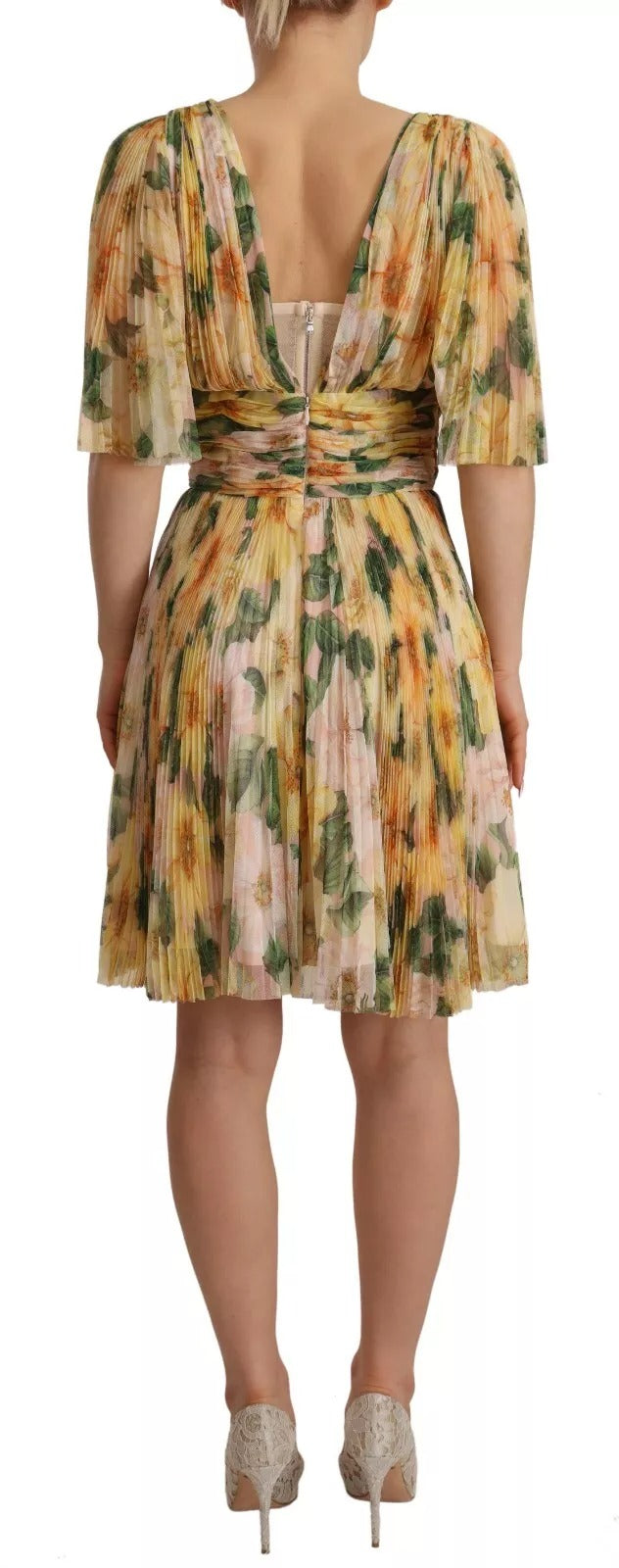 Robe Maxi Plissée à Imprimé Floral Jaune Dolce & Gabbana