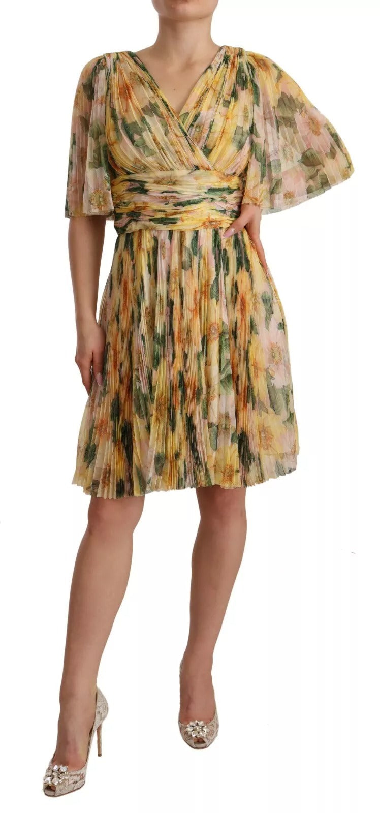 Robe Maxi Plissée à Imprimé Floral Jaune Dolce & Gabbana