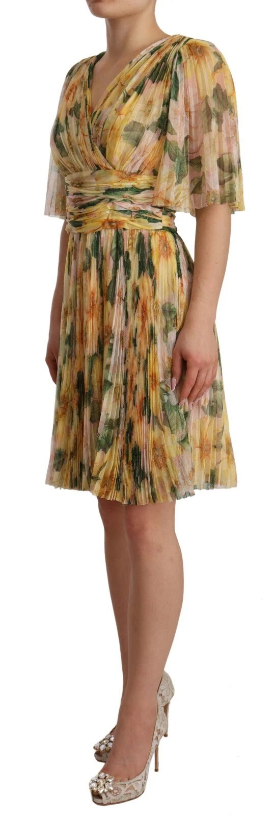 Robe Maxi Plissée à Imprimé Floral Jaune Dolce & Gabbana