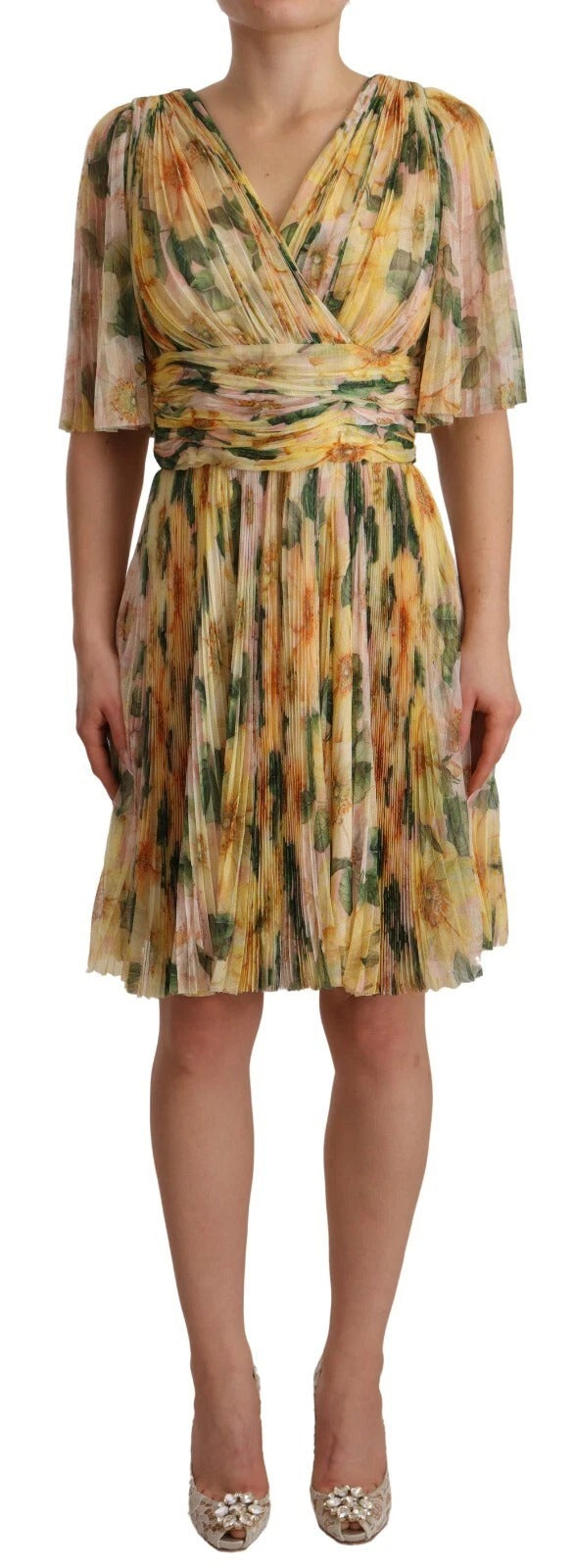Robe Maxi Plissée à Imprimé Floral Jaune Dolce & Gabbana