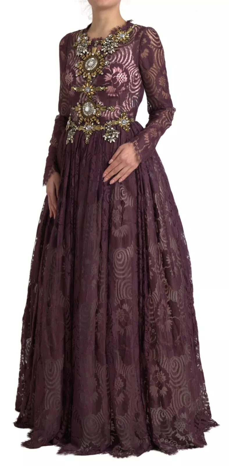 Dolce & Gabbana Robe Longue A-Ligne en Viscose Violet avec Cristaux