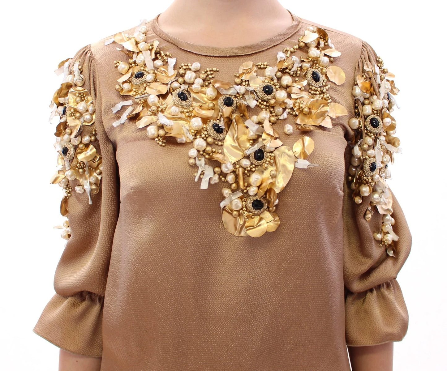 Dolce &amp; Gabbana Gouden, unieke, met kristallen versierde blouse van de catwalk.