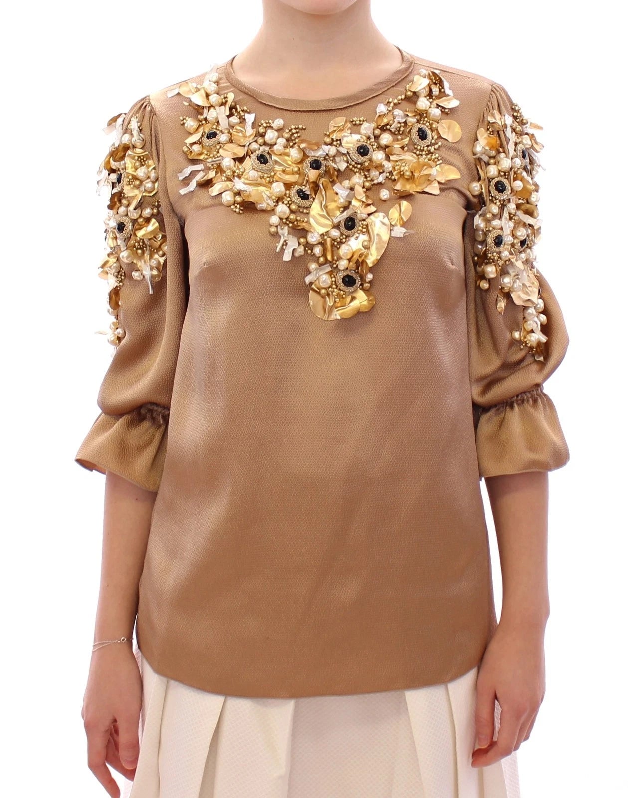 Dolce &amp; Gabbana Gouden, unieke, met kristallen versierde blouse van de catwalk.