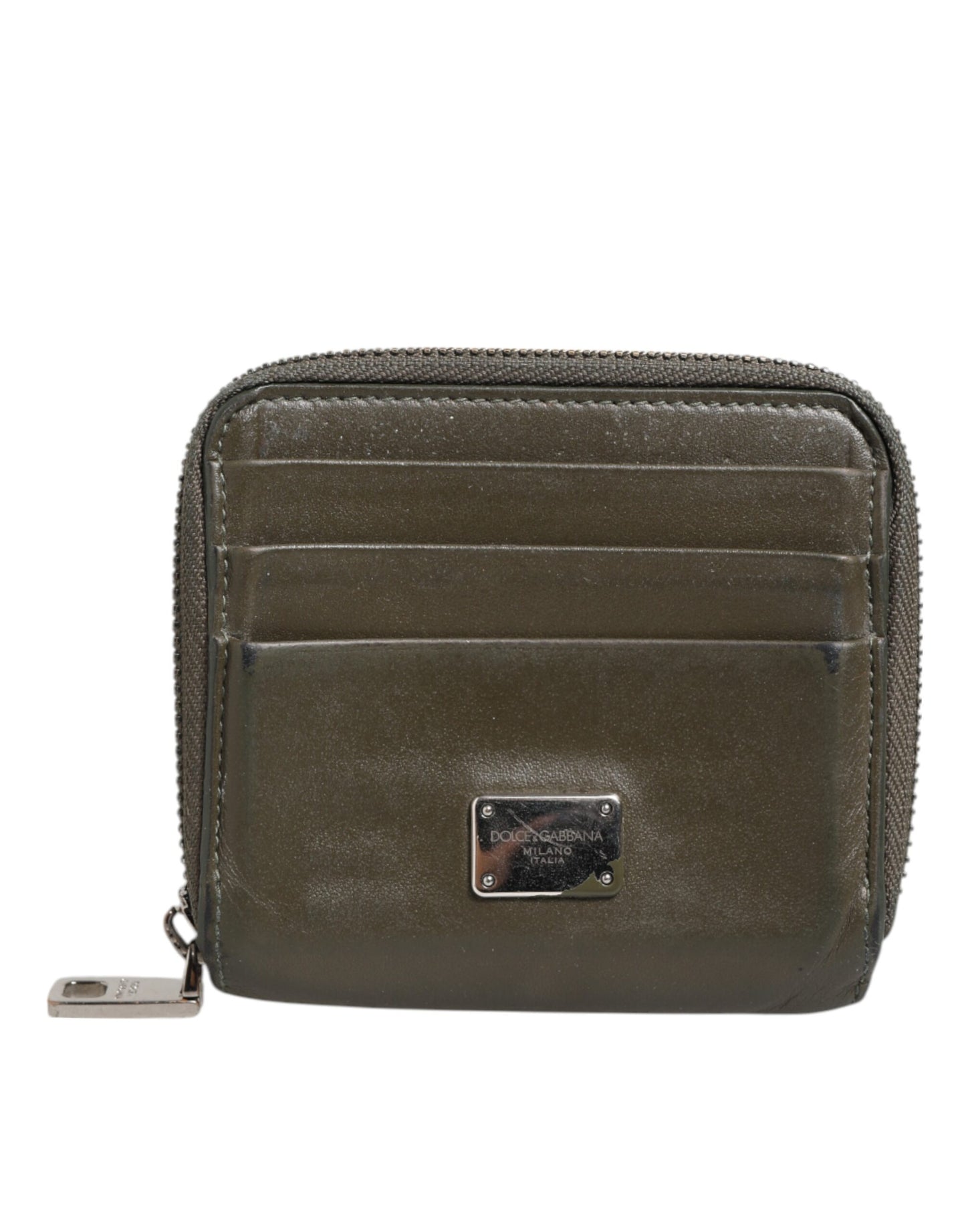 Porte-cartes et porte-monnaie Dolce &amp; Gabbana en cuir vert militaire avec plaque logo.