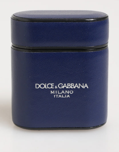 Étui pour Airpods pour homme Dolce &amp; Gabbana, en cuir bleu, avec logo imprimé et rabat.