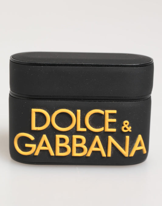 Étui Airpods en caoutchouc noir et jaune avec logo embossé de Dolce & Gabbana