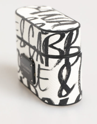 Étui pour Airpods Dolce & Gabbana en cuir noir et blanc avec imprimé monogramme et logo.