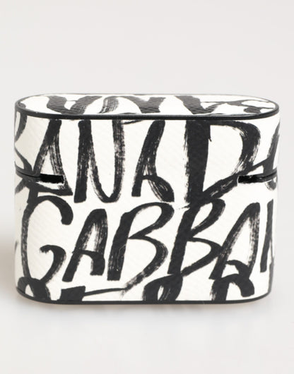 Étui pour Airpods Dolce & Gabbana en cuir noir et blanc avec imprimé monogramme et logo.