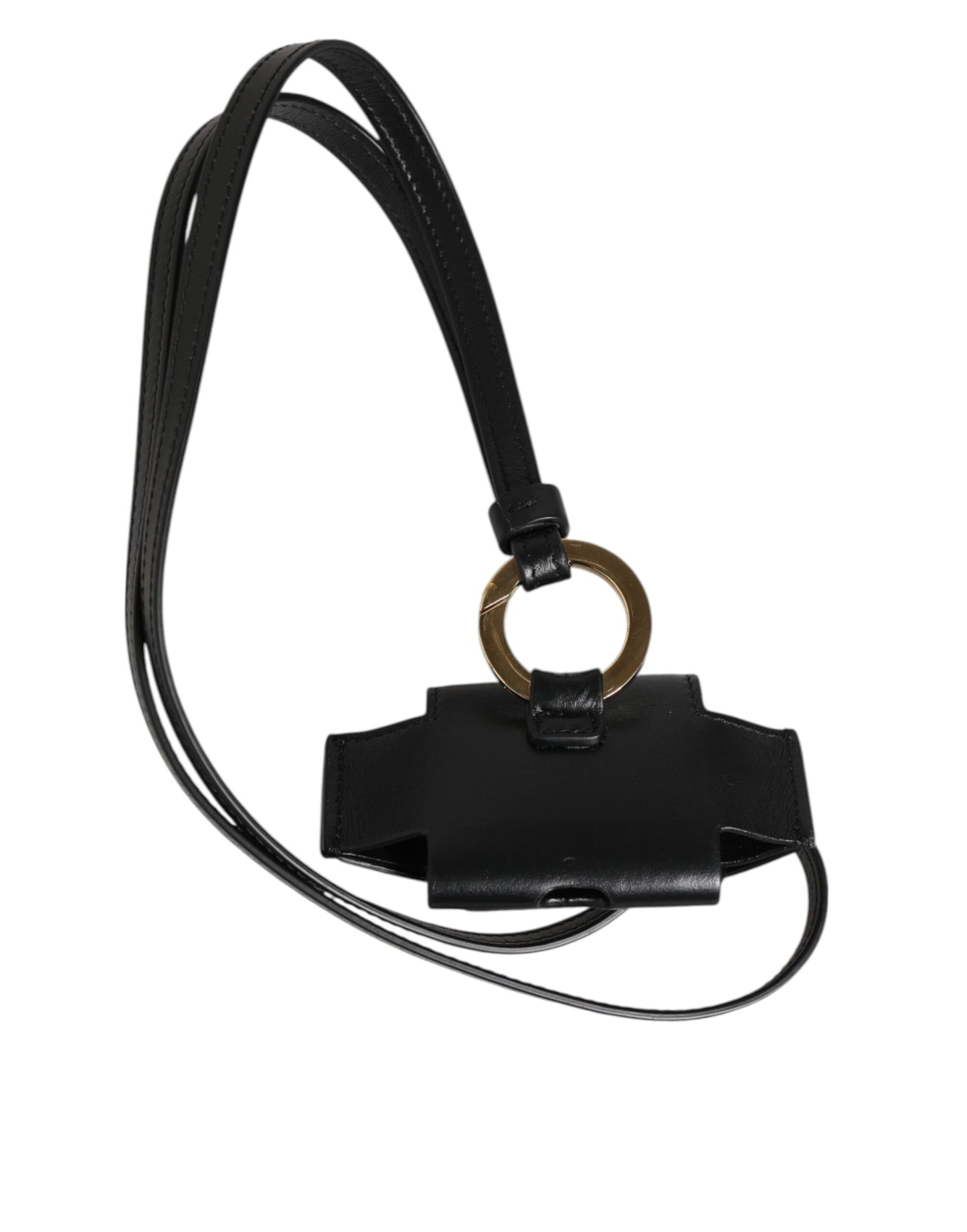 Étui Airpods Dolce & Gabbana en cuir noir avec plaque dorée en métal portant le logo DG.