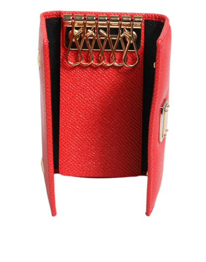 Porte-clés à rabat triple en cuir rouge Dolce & Gabbana avec plaque argentée à logo.