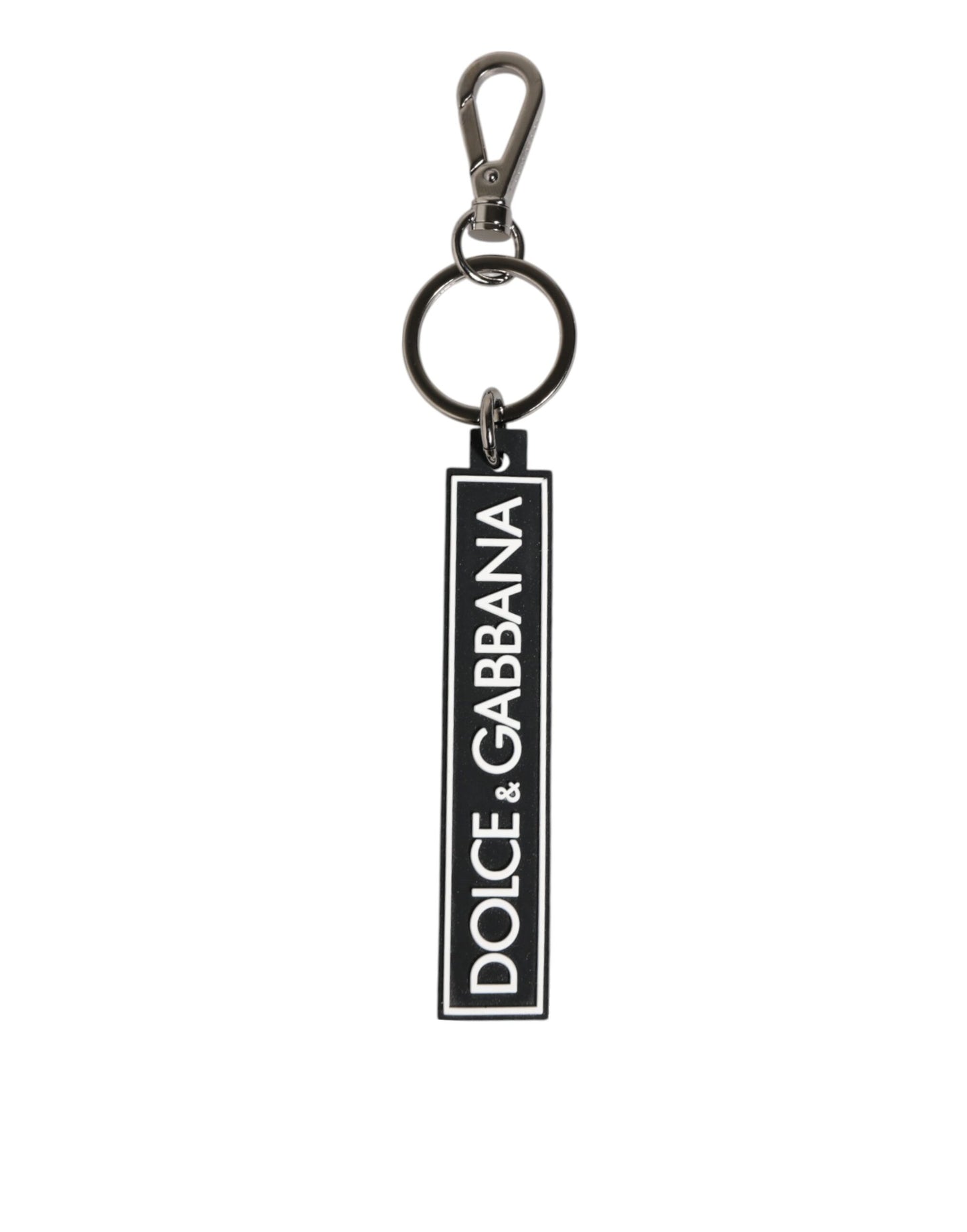 Porte-clés homme Dolce & Gabbana en caoutchouc noir et blanc avec logo DG argenté.