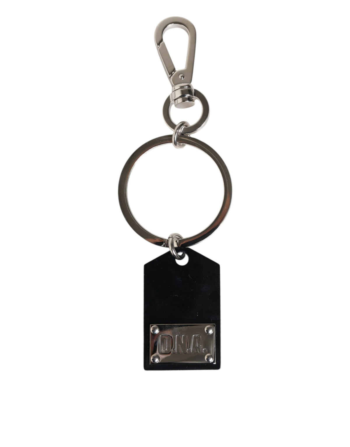 Porte-clés Dolce &amp; Gabbana en verre synthétique noir avec plaque métallique DG Logo.