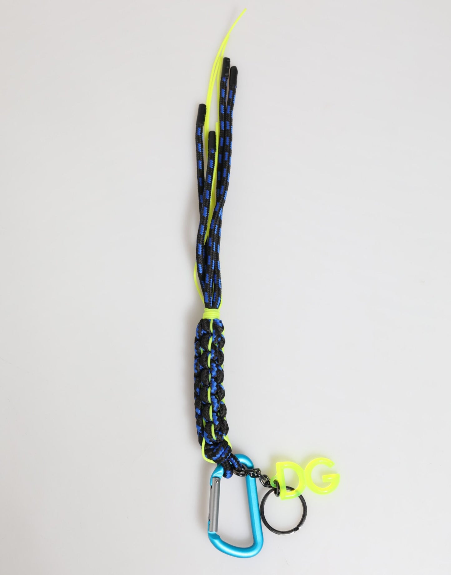Dolce & Gabbana Porte-clés en cuir bleu et jaune avec cordon et logo DG.