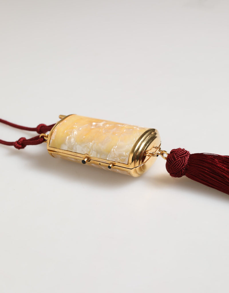 Sac Dolce & Gabbana en Résine Blanche avec Pendentif en Métal Doré et Frange Rouge