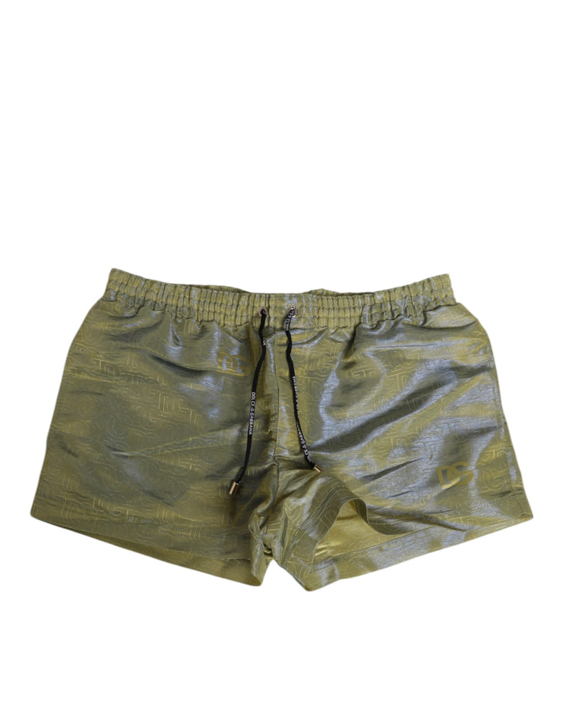 Dolce & Gabbana Green Polyester Metallic Logo Print Men's Swim Shorts