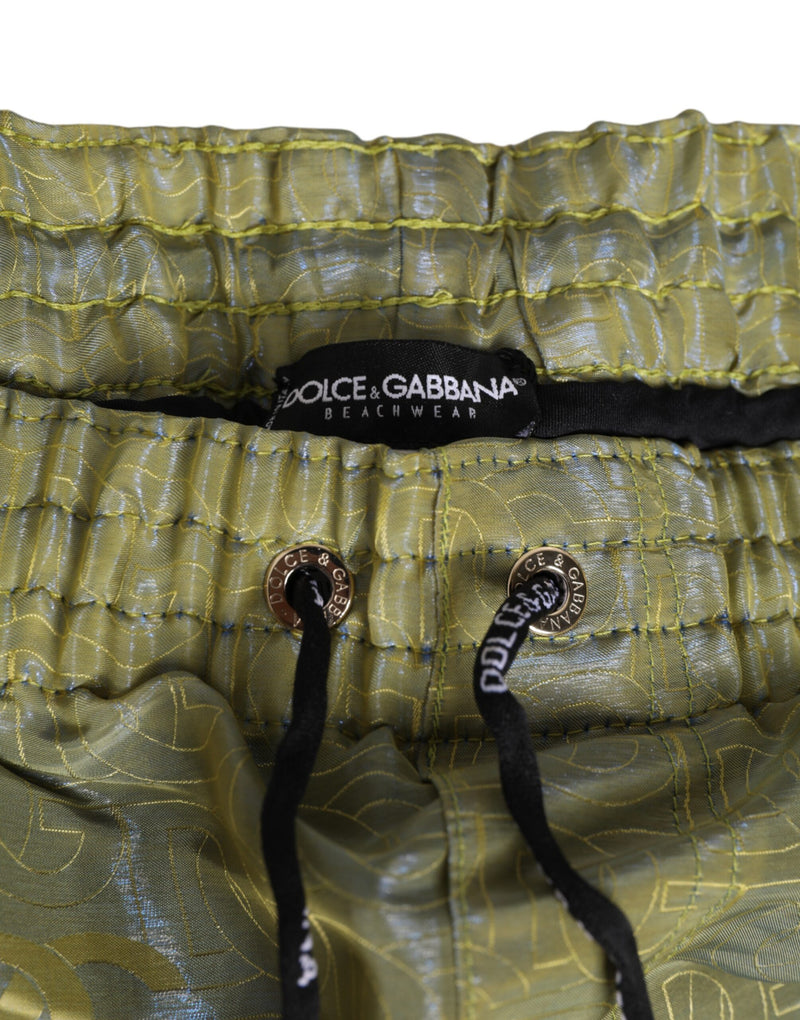 Dolce & Gabbana Green Polyester Metallic Logo Print Men's Swim Shorts