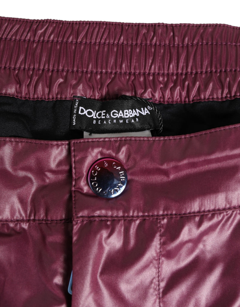 Dolce &amp; Gabbana Burgundy Polyester Logo Embossed Crest Zwemkleding