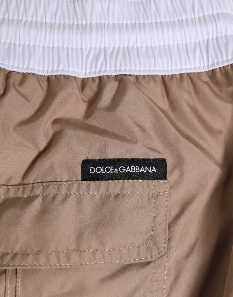 Dolce & Gabbana Brown White Polyester Re-Edition Swim Shorts