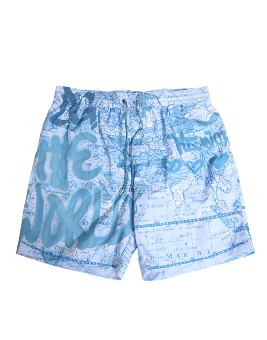 Dolce & Gabbana Blue World Map Polyester Elastic Waistband Swimwear