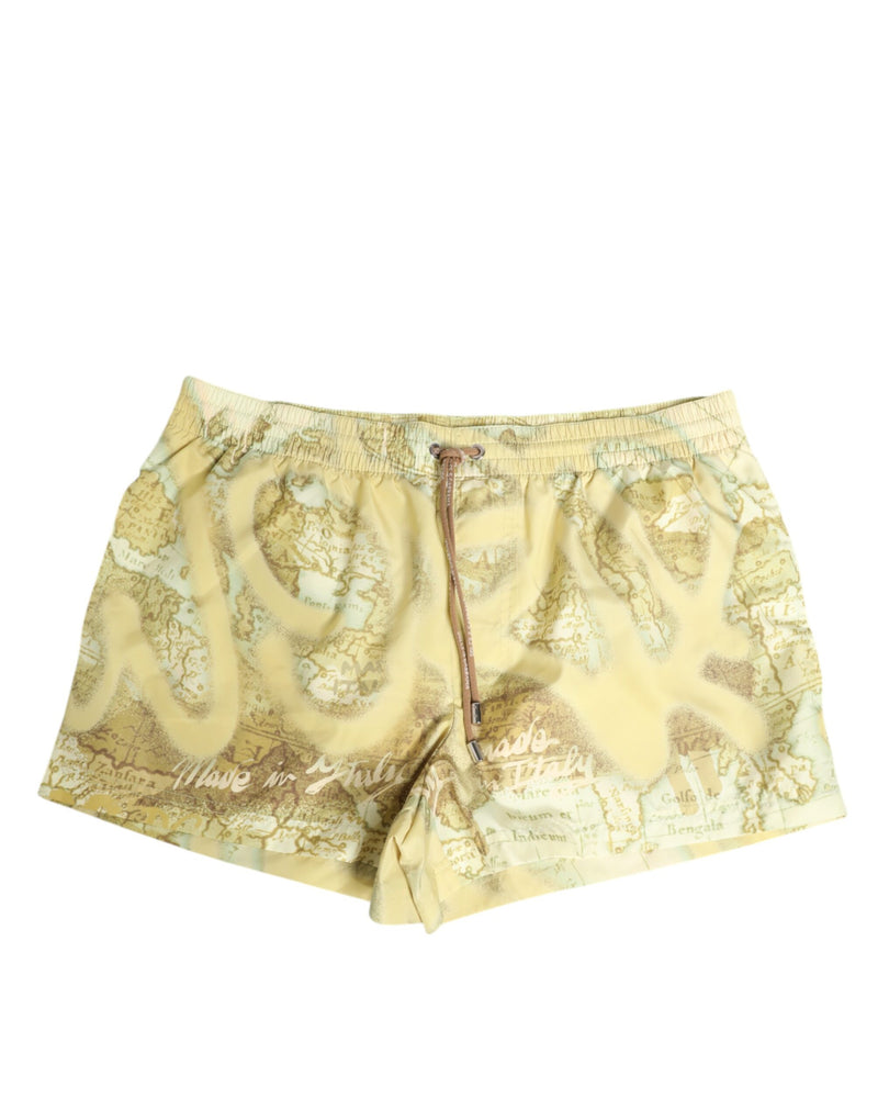 Dolce & Gabbana Yellow World Map Polyester Elastic Waistband Swimwear
