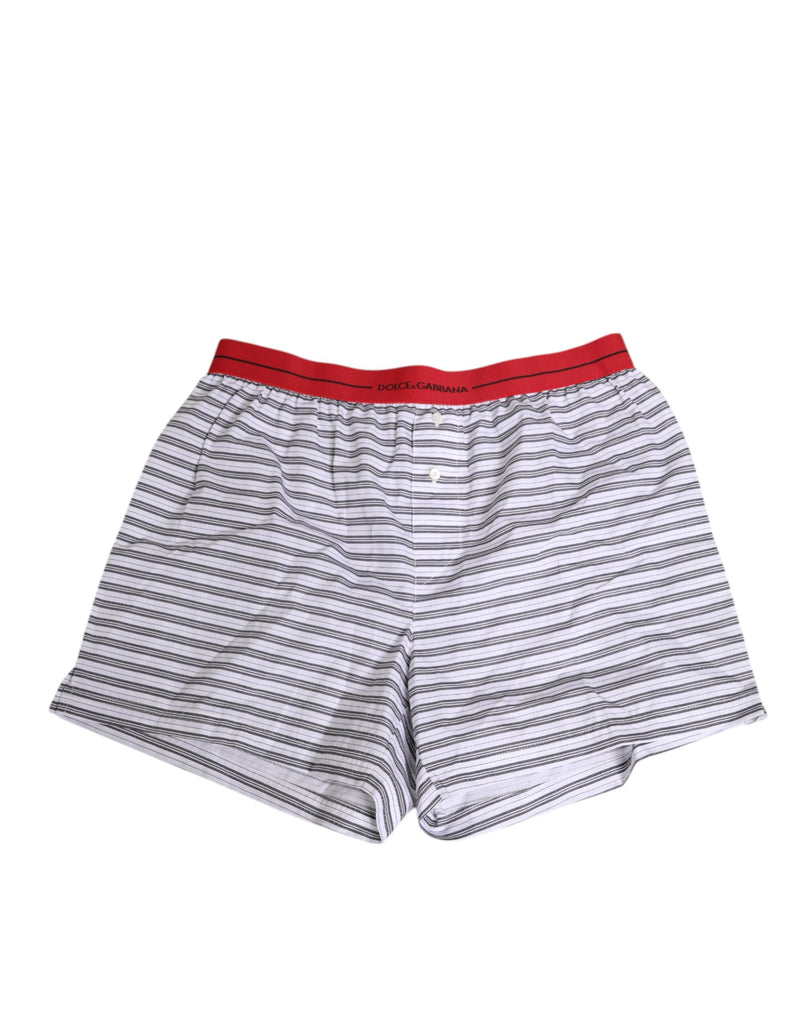 Dolce & Gabbana White Striped Cotton Swim Shorts with Red Waistband