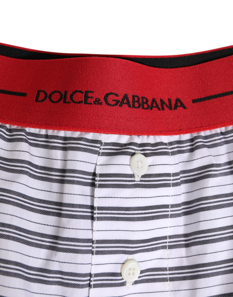 Dolce & Gabbana White Striped Cotton Swim Shorts with Red Waistband