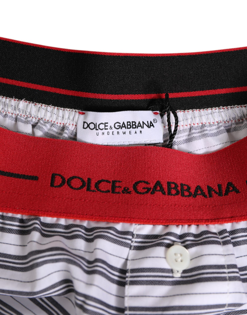 Dolce & Gabbana White Striped Cotton Swim Shorts with Red Waistband