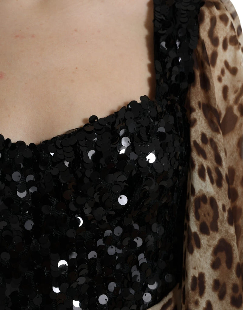 Dolce & Gabbana Leopard Print Silk Sequin Ruffle Maxi Dress