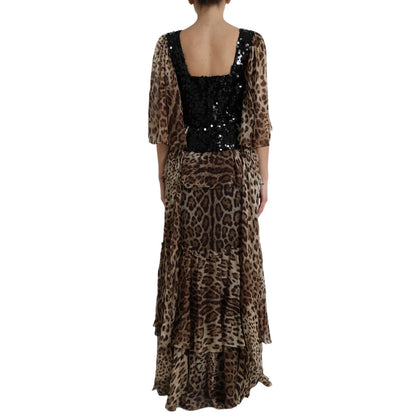 Robe maxi en soie à imprimé léopard, à volants et paillettes de Dolce & Gabbana