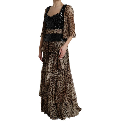 Robe maxi en soie à imprimé léopard, à volants et paillettes de Dolce & Gabbana