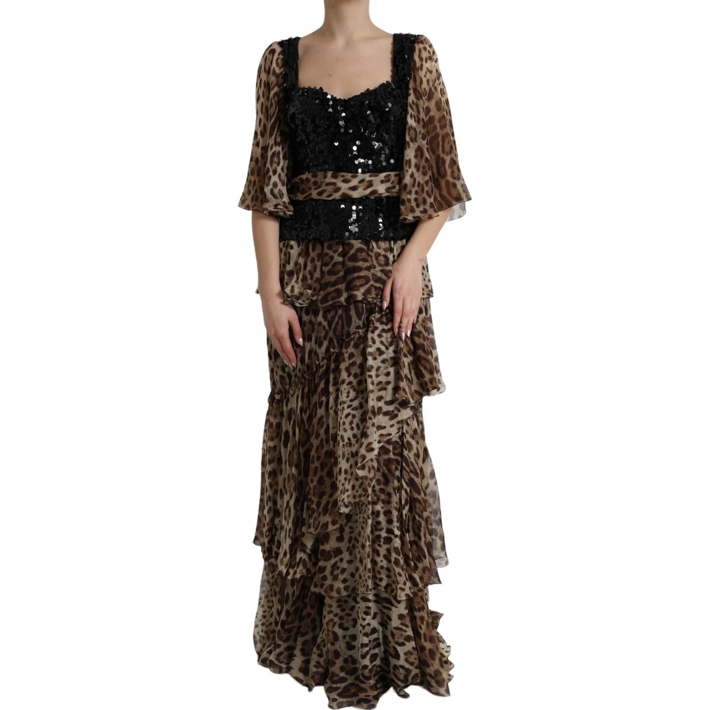 Robe maxi en soie à imprimé léopard, à volants et paillettes de Dolce & Gabbana