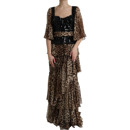 Robe maxi en soie à imprimé léopard, à volants et paillettes de Dolce & Gabbana
