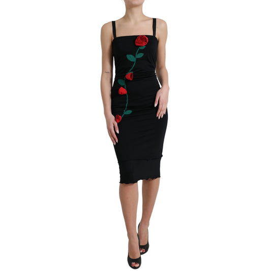 Robe noire en laine sans manches Dolce & Gabbana avec application de roses