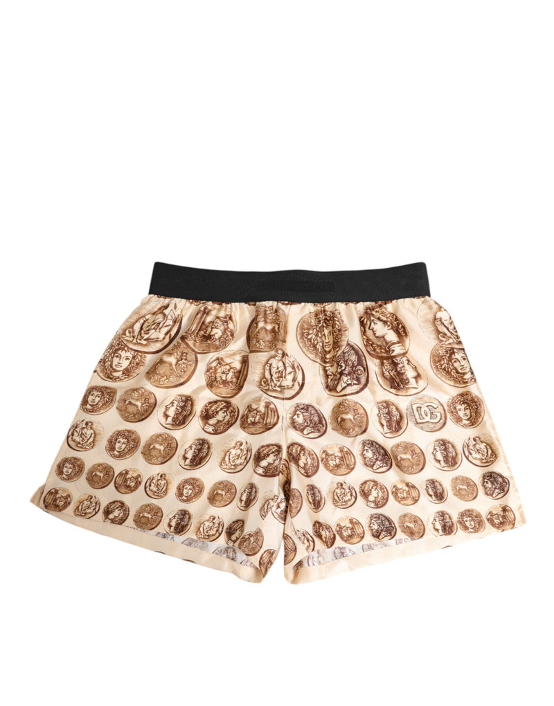 Short de bain en soie Dolce &amp; Gabbana marron à imprimé de pièces de monnaie anciennes