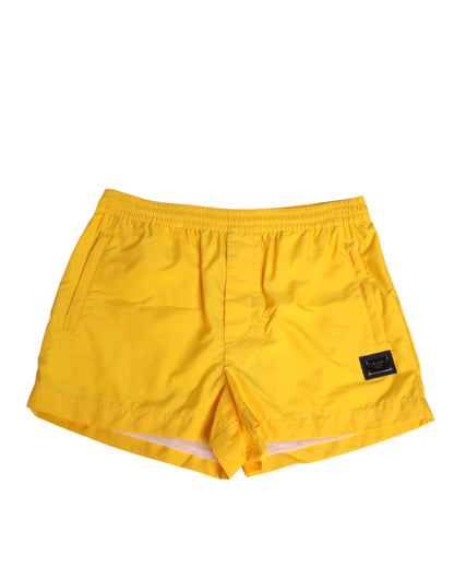 Short de bain boxer Dolce & Gabbana en nylon jaune avec plaque logo.