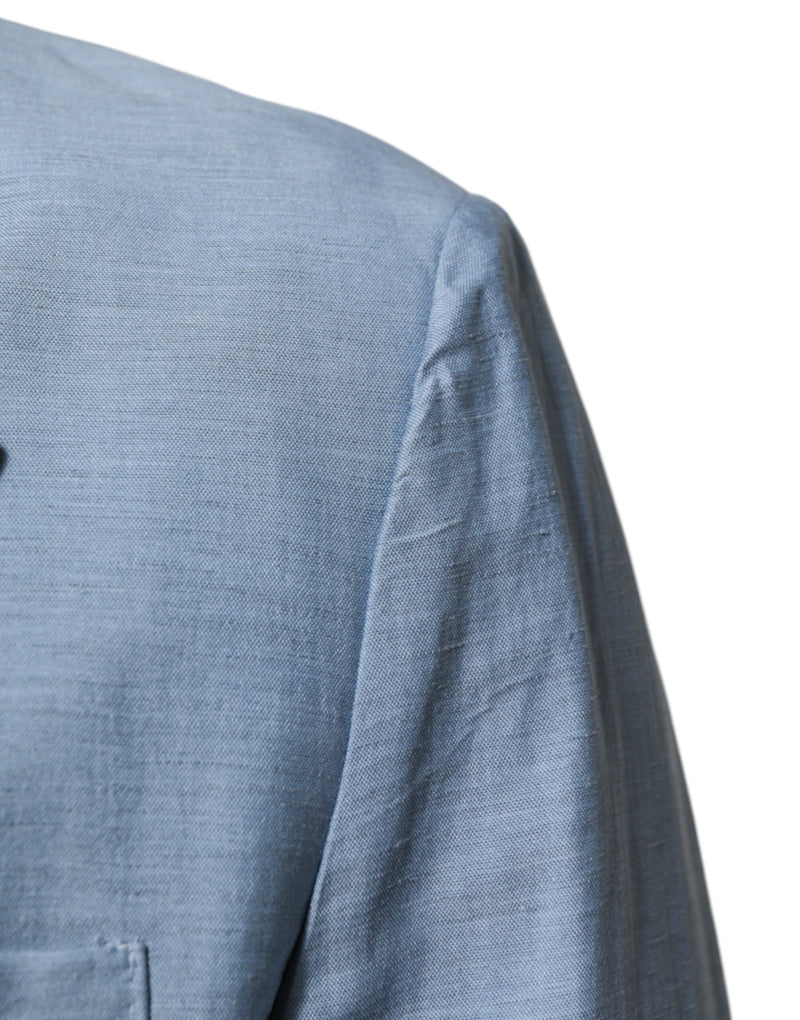 Dolce & Gabbana Light Blue Linen Double Breasted Men Jacket Blazer