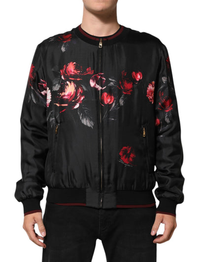 Dolce & Gabbana Black Red Floral Silk Bomber Blouson Jacket